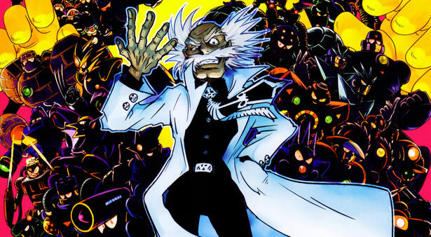 Dr. Wily from Mega Man, with his Robot Masters in the background. By Hitoshi Ariga.